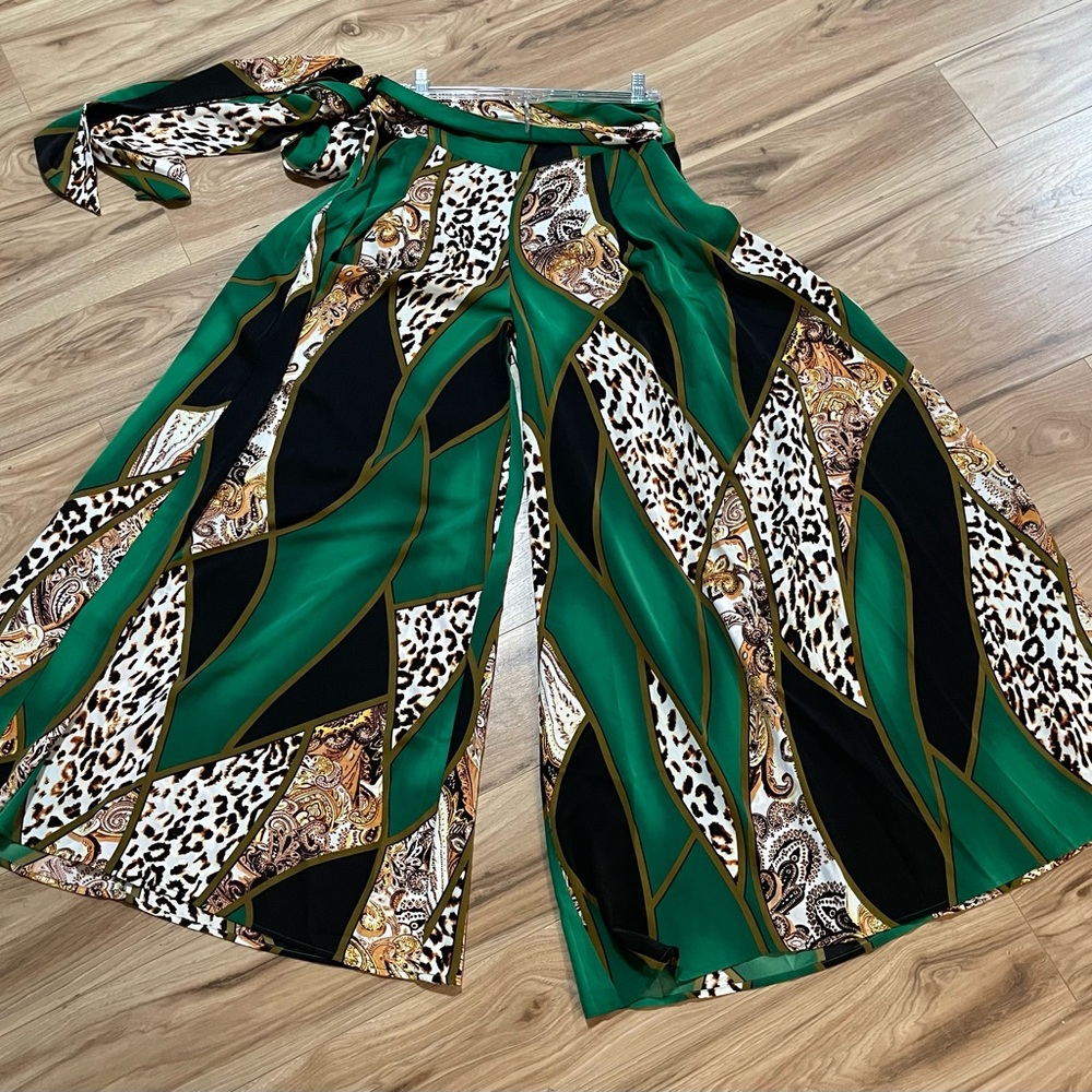 Gracia Green and Black Patterned Wide-Leg Pants -Large